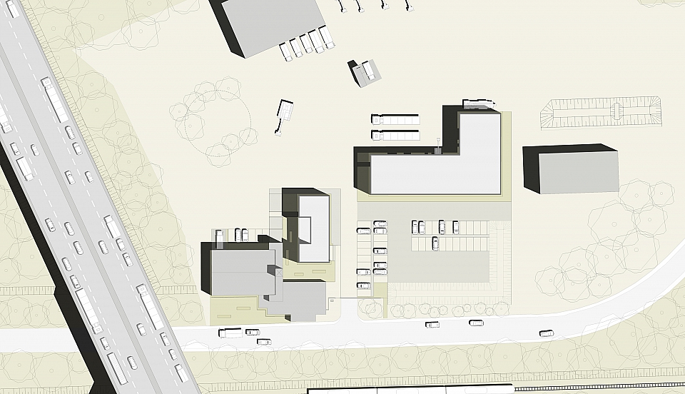 Architektur, Isopaneel, Reglitglas, Bauglas, Sichtbeton, Thermowand, Doppelwand, Design, Pfosten-Riegel Konstruktion, Auszeichnung, Recklinghausen, Münster, elevation, Marcel Müller, Boris Lehmann, e.a+d, Tillmann Tiefbau, Beton, Steinteppich, Lageplan